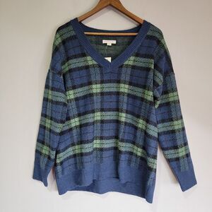 Aeropostale Womens Green Blue Stripe Sweater Oversize V-neck Size Medium Stretch